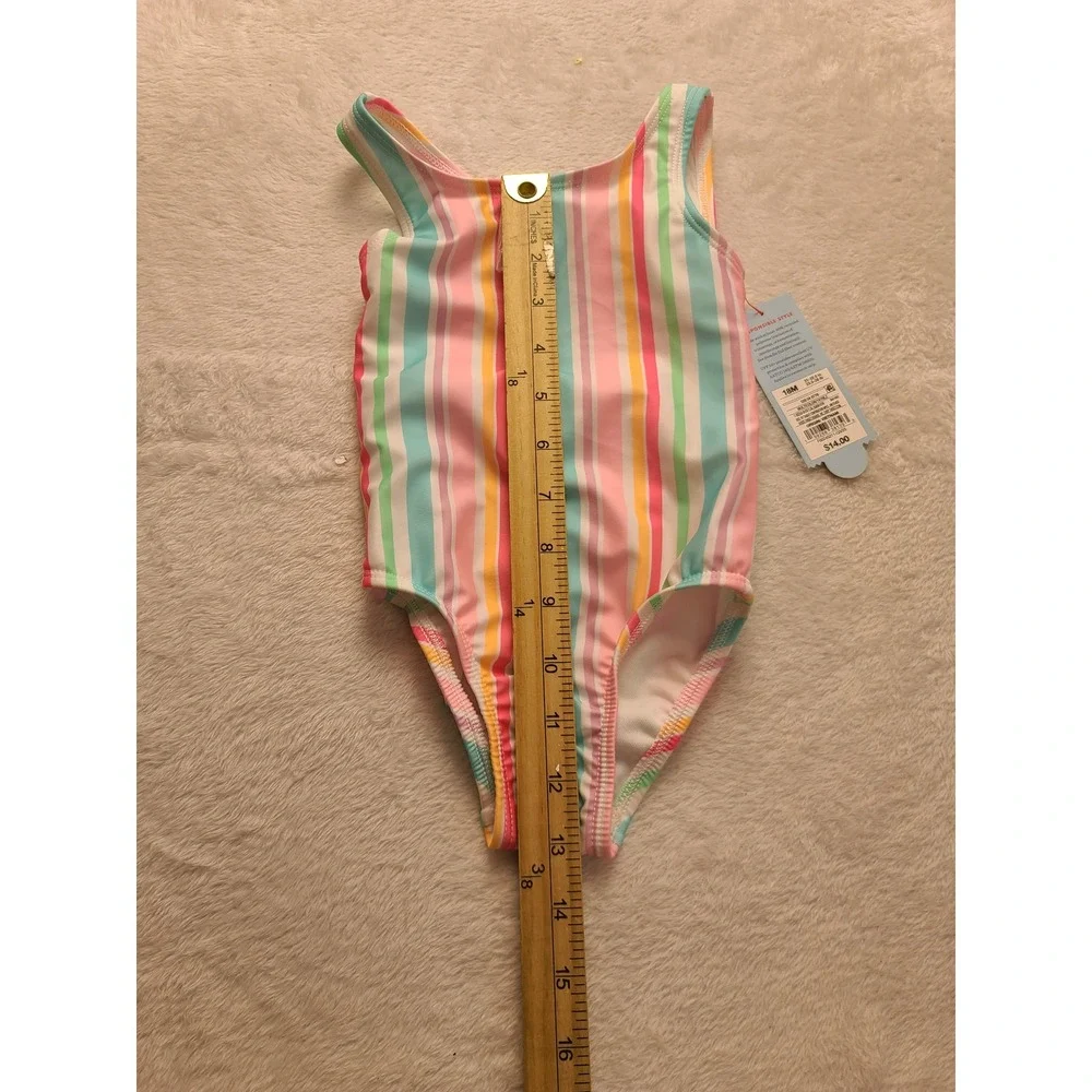 Cat & Jack Toddler Girls 18M Striped One Piece Swimsuit UPF 50+ Pink Teal NWT
